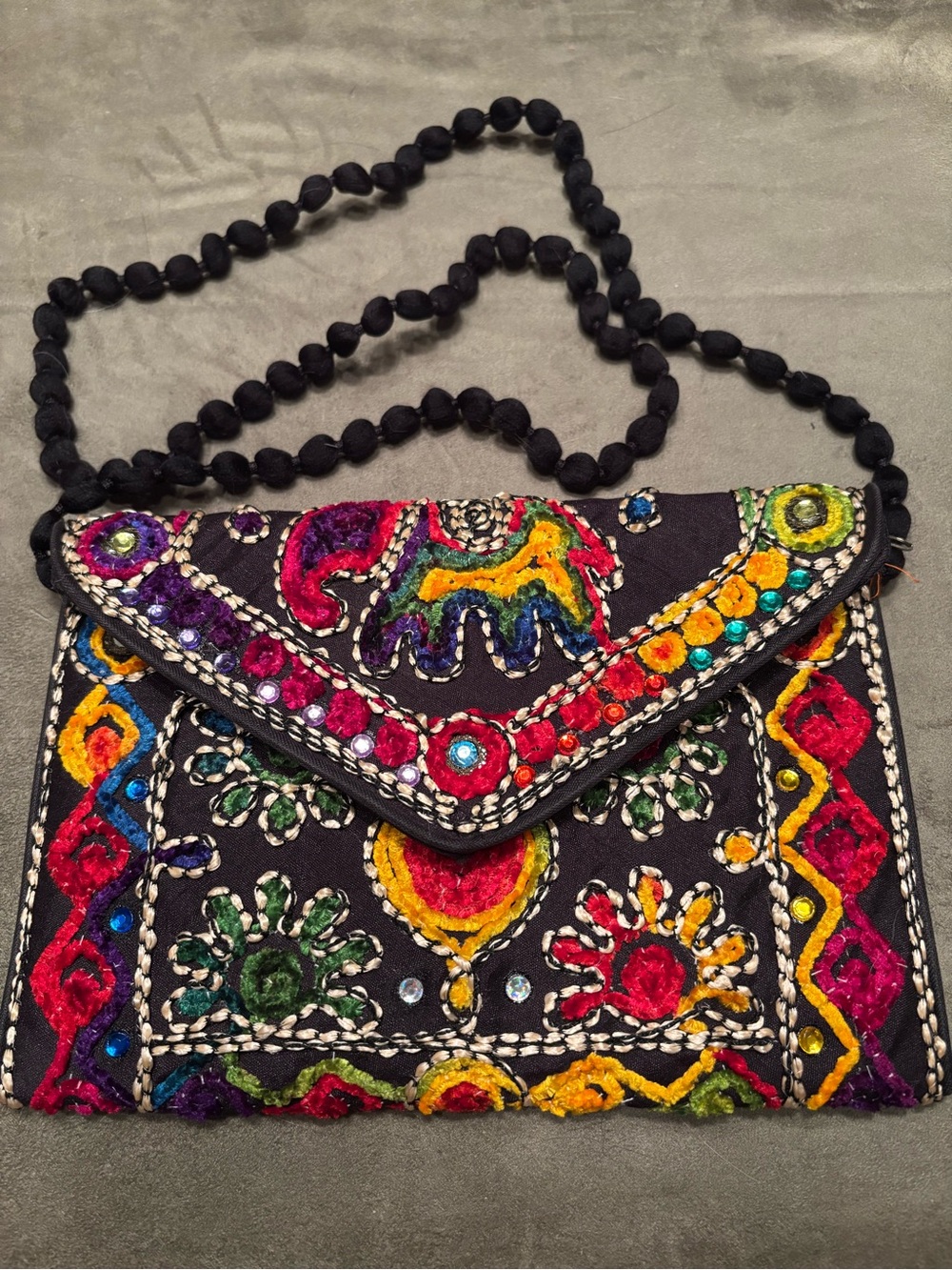 Upcycled Handcrafted Indian Embroidered Crossbody Bag SilverMirror w/Rhinestones